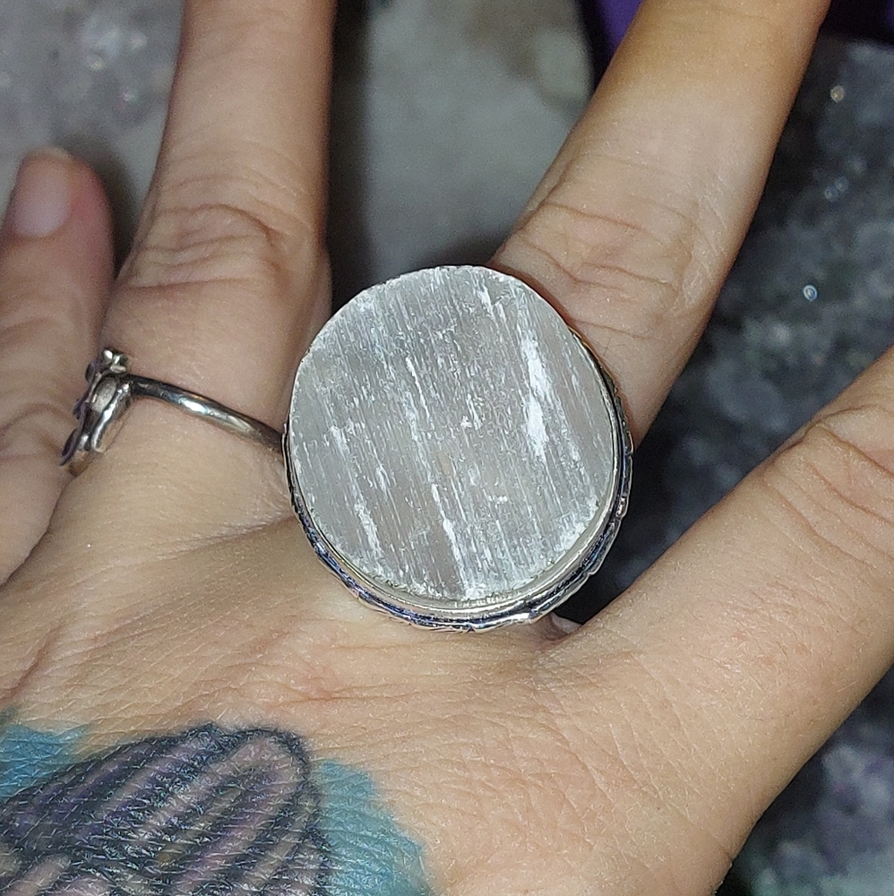 Rough Cut Selenite Ring Size 8.25